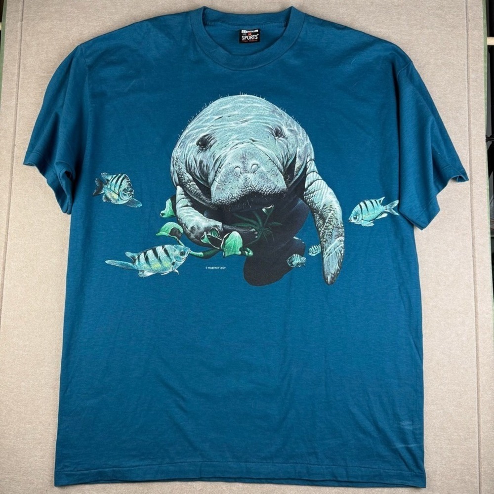Vintage 1995 Habitat Manatee Marine Life Shirt Mens XXL Blue Single Stitch USA